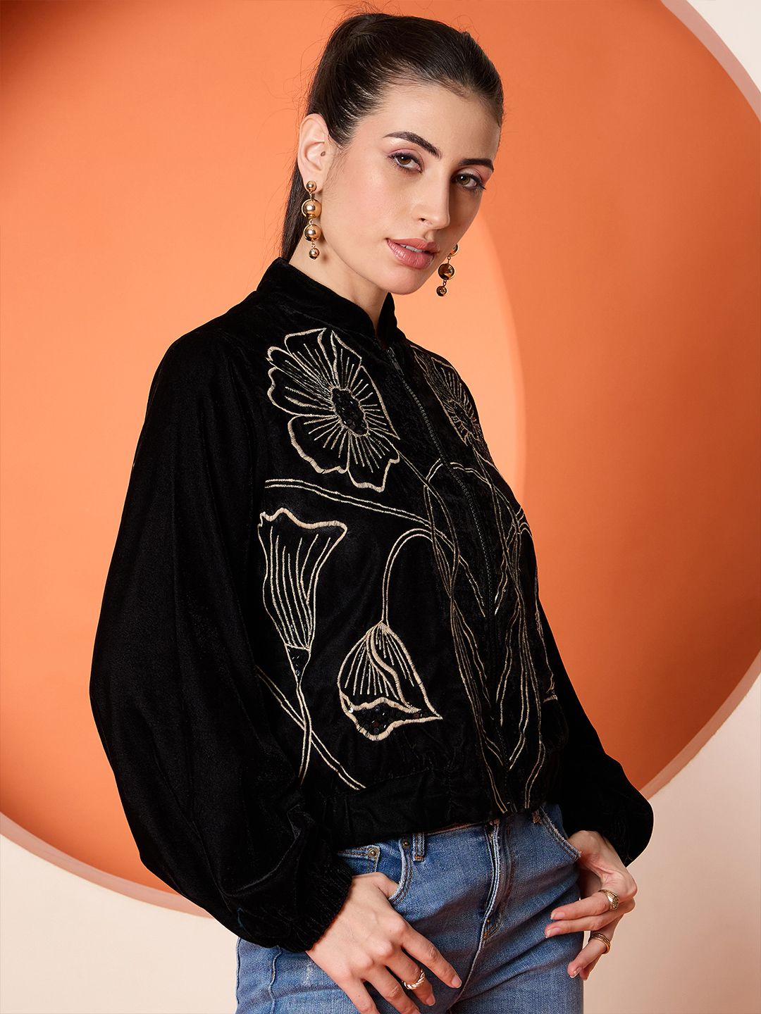 Antheaa Women Velvet Embroidered Bomber Jacket