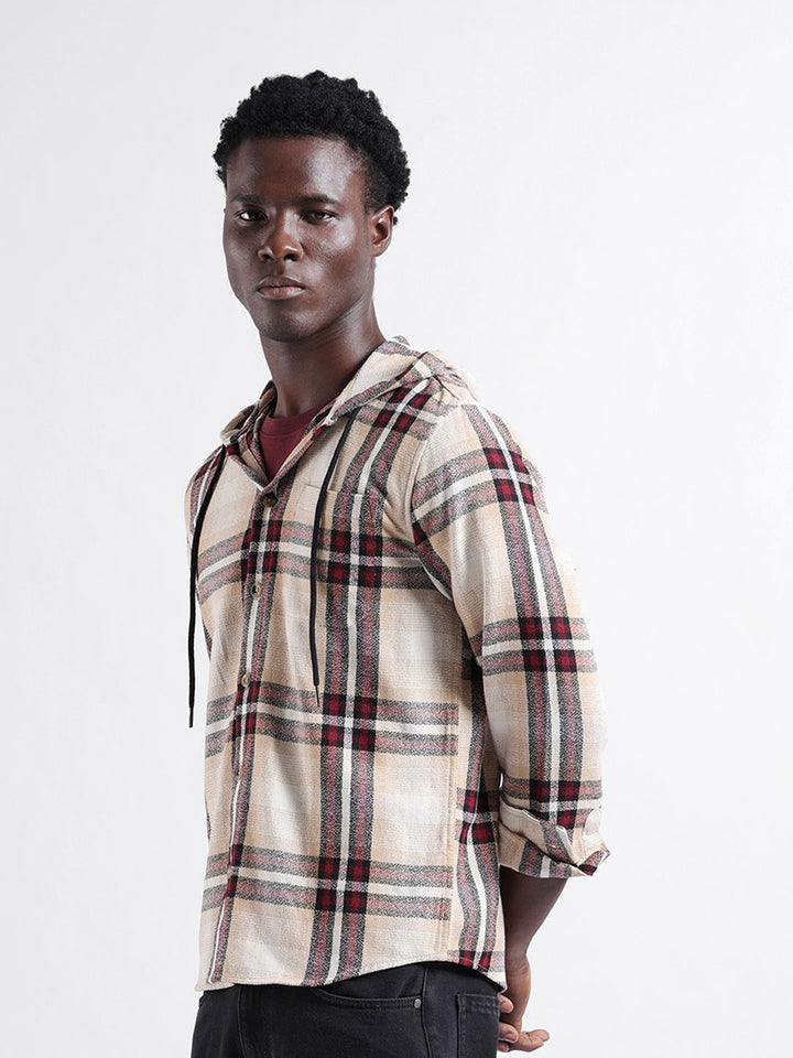 The Indian Garage Co Men Regular Fit Checked Casual Hooded Overshirt
