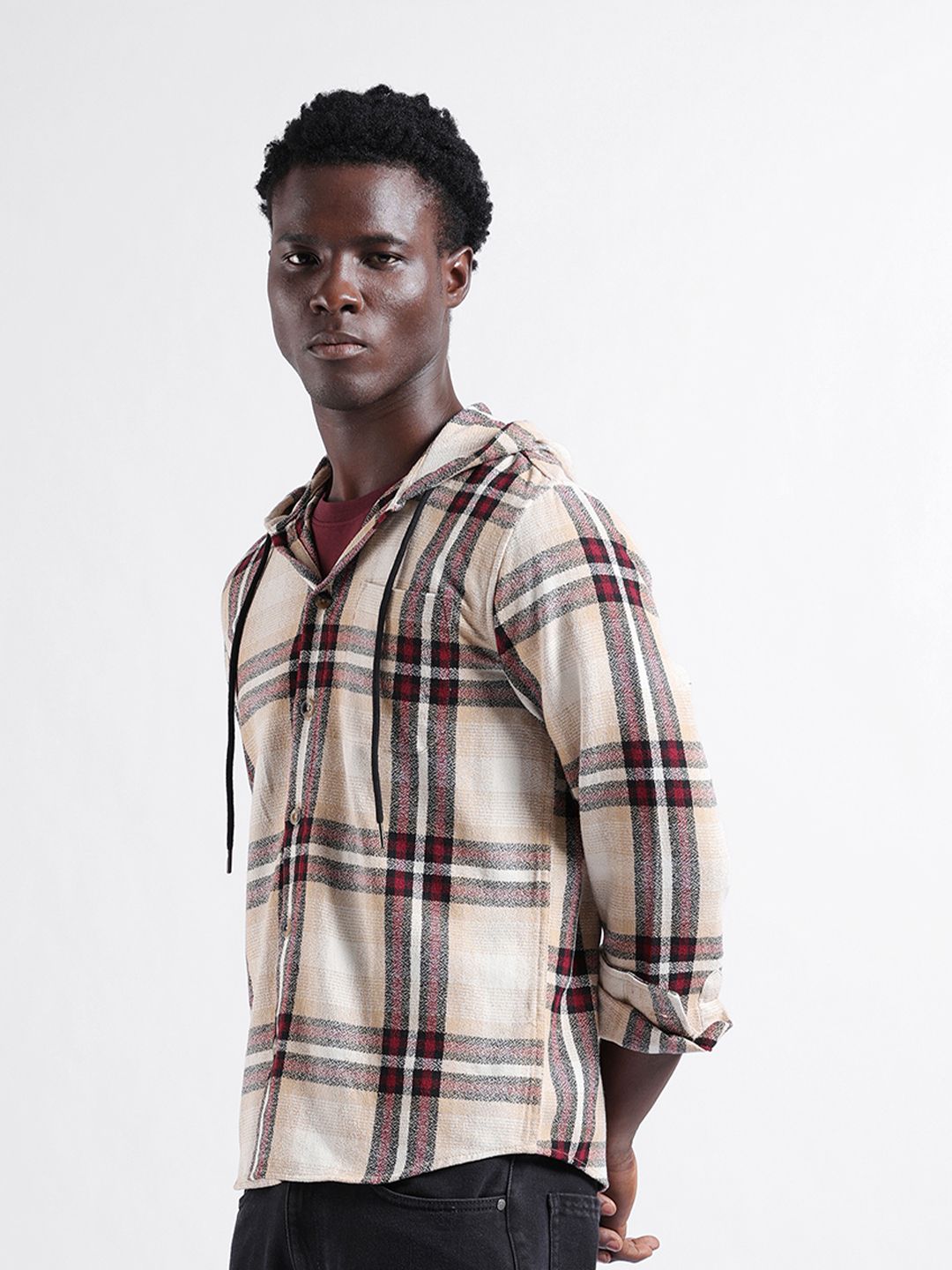 The Indian Garage Co Men Regular Fit Checked Casual Hooded Overshirt