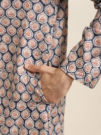 SOJANYA Men Navy Blue & Beige Ethnic Motifs Printed Pure Cotton Kurta