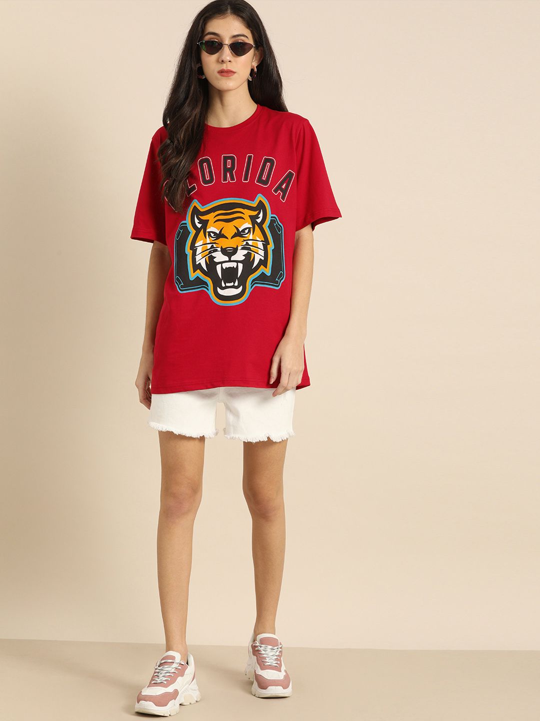 DILLINGER Women Red Printed Round Neck  Longline Oversized Pure Cotton T-shirt