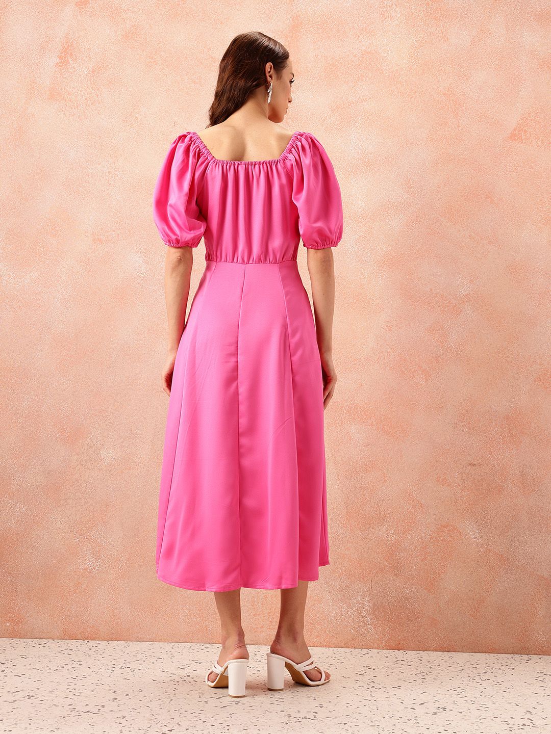 all about you Sweetheart Neck Puff Sleeves Satin Fit & Flare Midi Dress