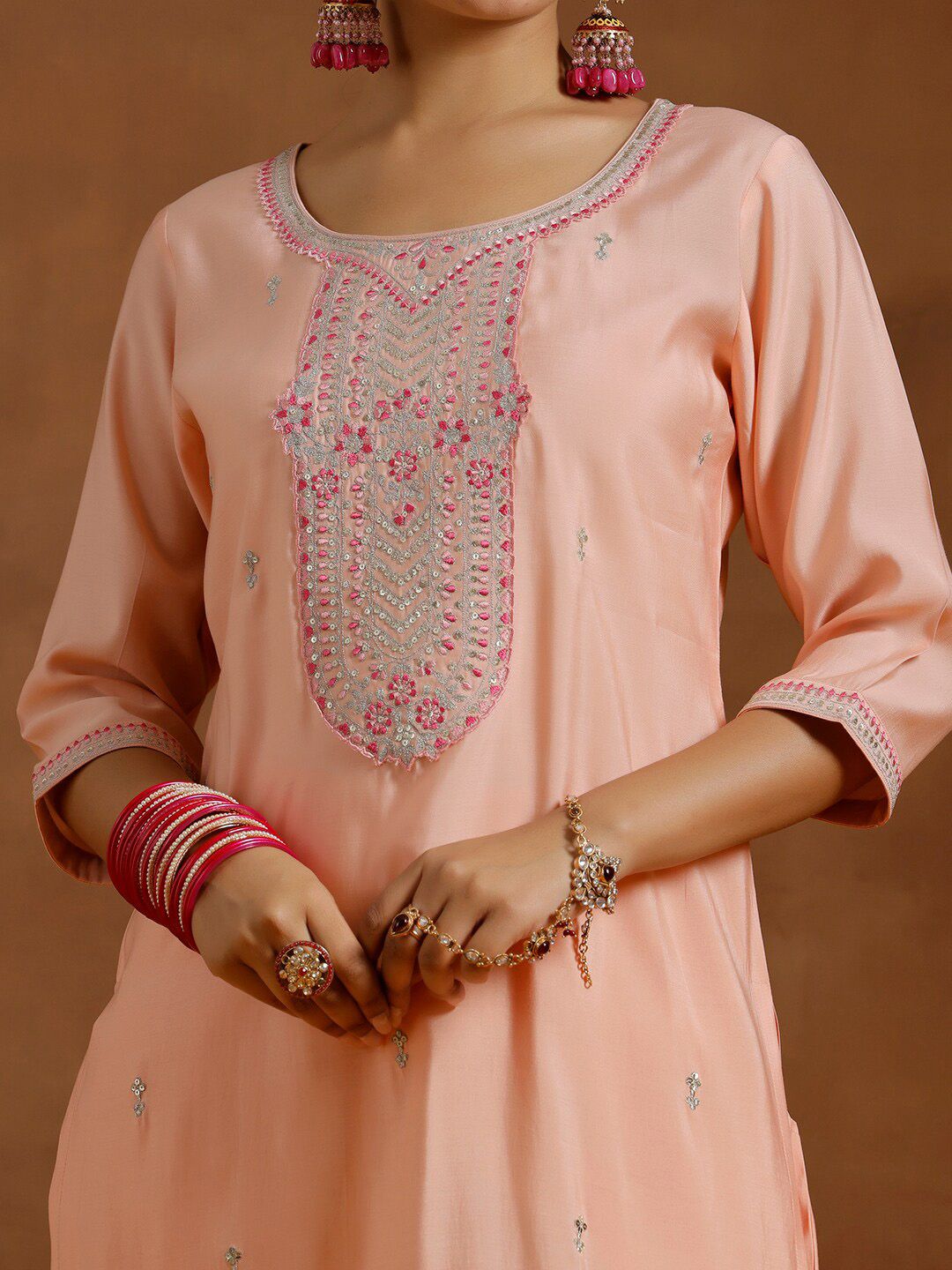 Libas Floral Yoke Design Regular Sequinned Straight Kurta With Trousers & Dupatta
