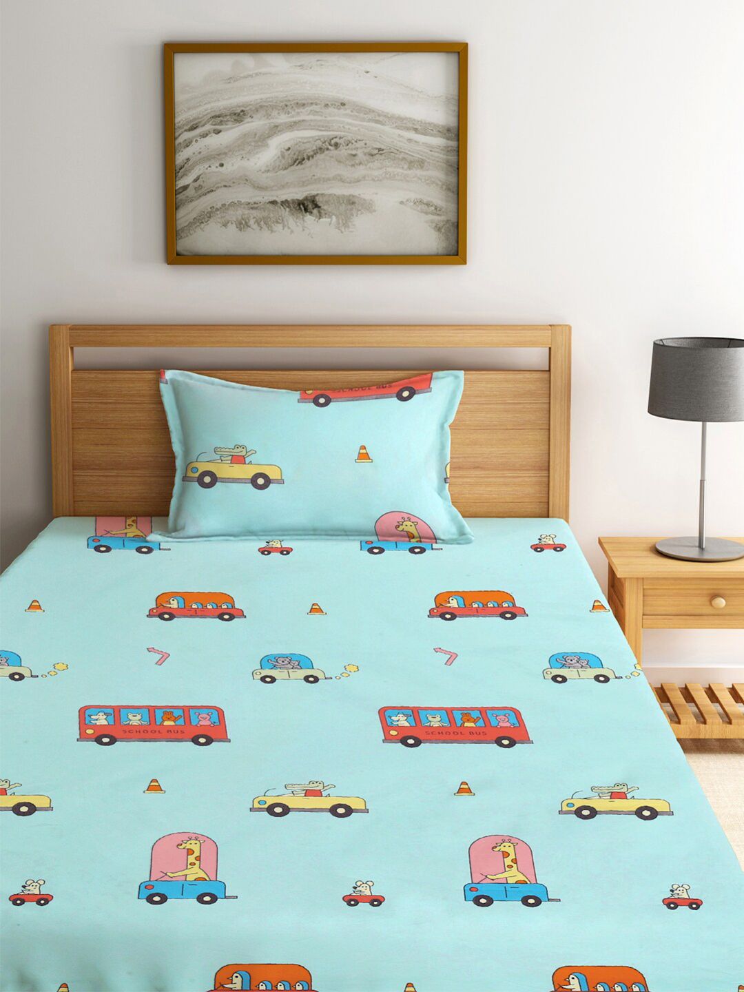 KLOTTHE Kids Multi 300 TC Cotton Blend Elasticated Single Bedsheet with Pillow Cover