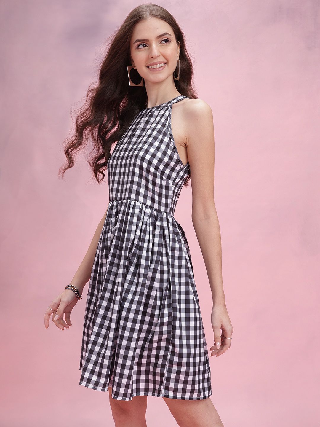 DressBerry Checked Halter Neck Fit & Flare Dress