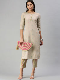 KALINI Women Beige Pure Cotton Kurta with Trousers