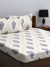 BOMBAY DYEING White & Purple Floral 160 TC Queen Bedsheet with 2 Pillow Covers