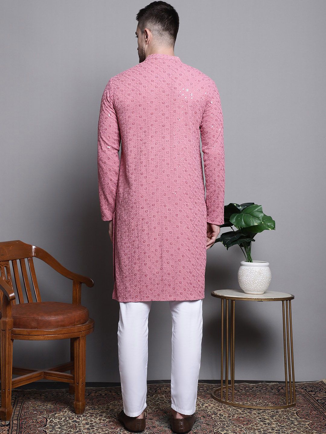 Jompers Geometric Self Design Thread Work Pure Cotton Kurta With Pyjamas