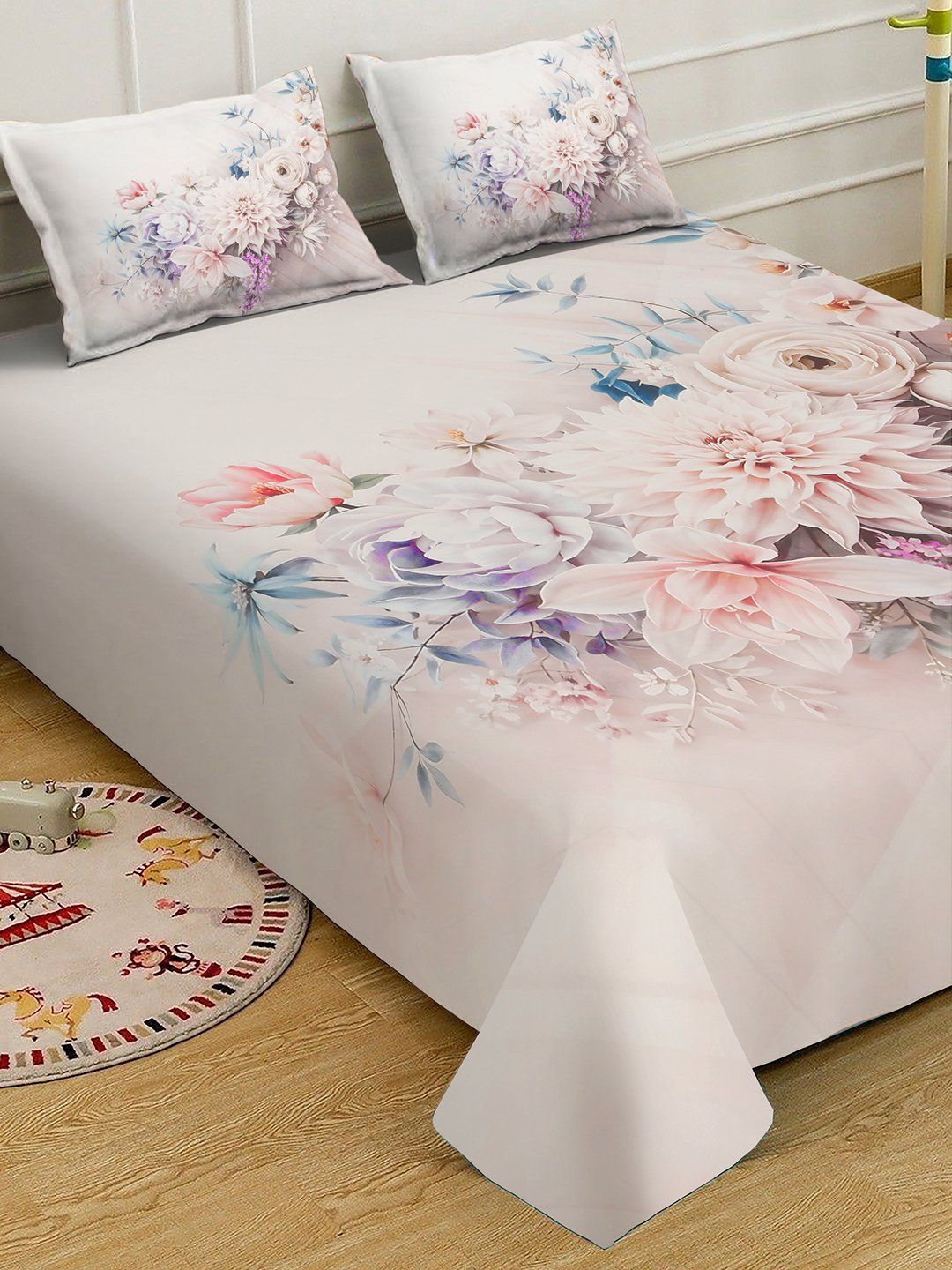 Myntra Elegant Homes Pink Floral 300 TC Cadar Katil King dengan 2 Sarung Bantal