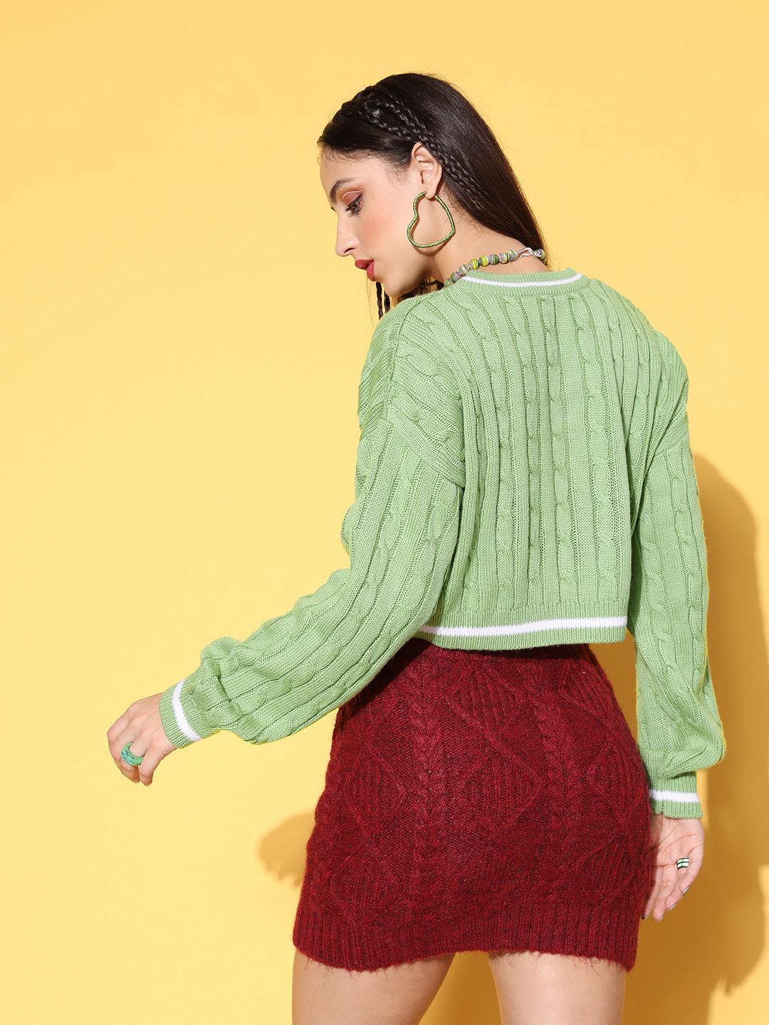 Berrylush Women Green Cable Knit Knits Bits Sweater