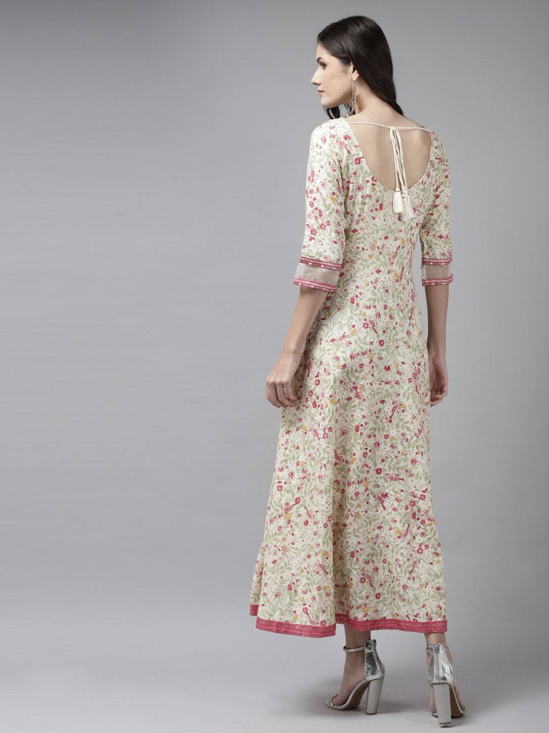 W Beige & Pink Ethnic Motifs Ethnic A-Line Maxi Dress