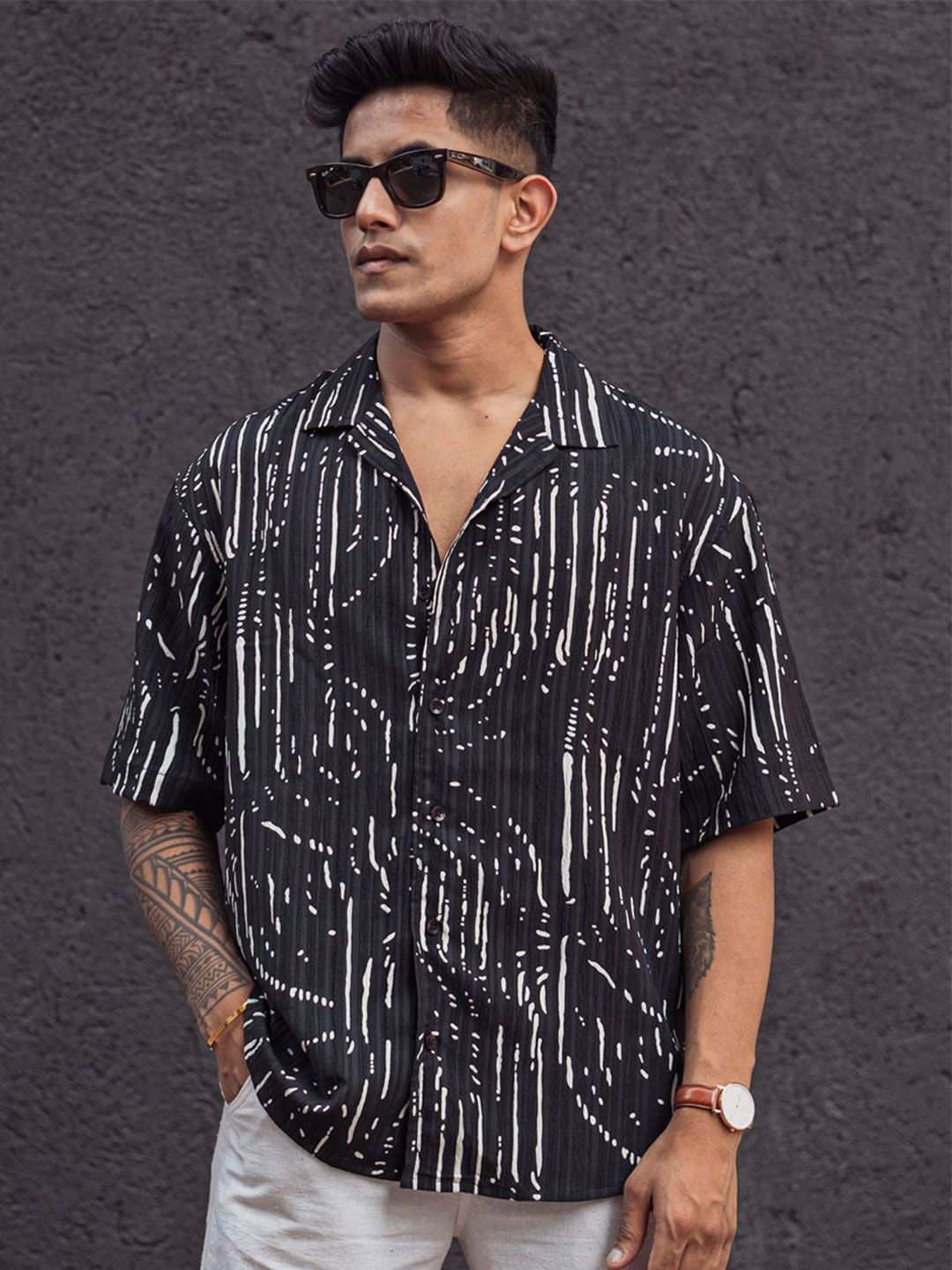 Powerlook Men Cuban Collar Abstract Printed Opaque Casual Shirt