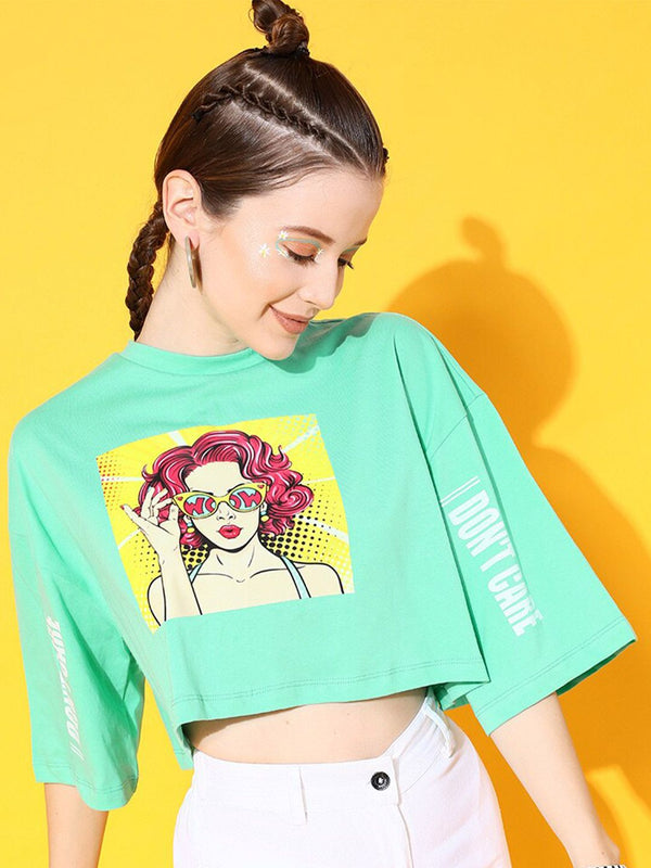 STREET 9 Women Sea Green Printed Tshirt