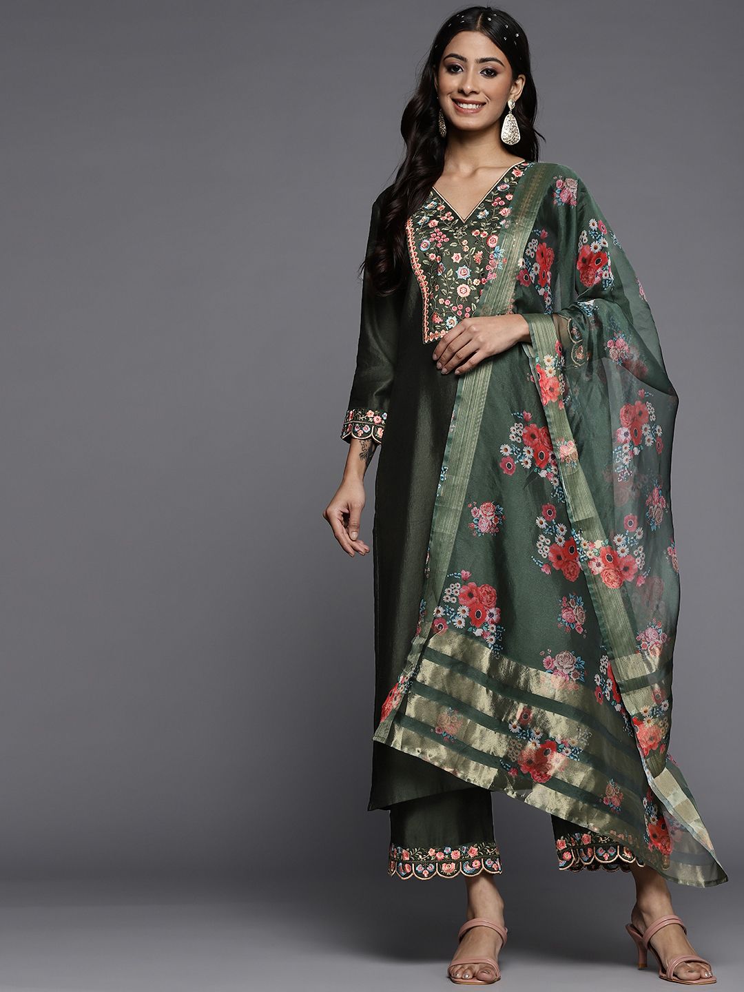 Indo Era Women Green Yoke Design Embroidered Liva Kurta with Palazzos & Dupatta