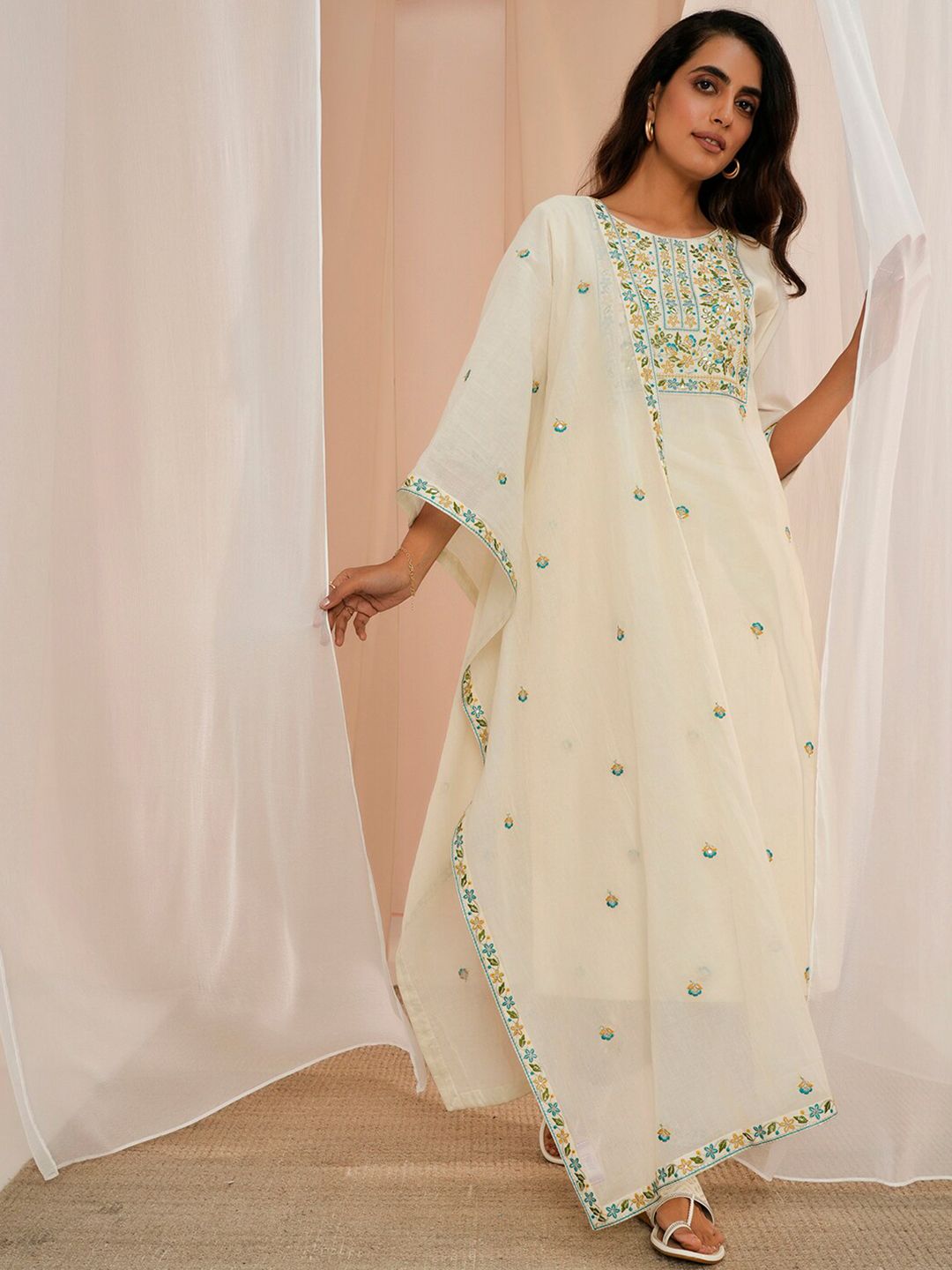 Libas Floral Yoke Design Regular Thread Work Pure Cotton Kurta With Trousers & Dupatta