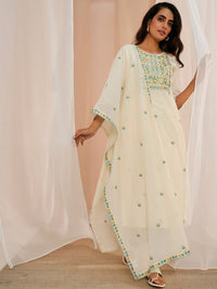 Libas Floral Yoke Design Regular Thread Work Pure Cotton Kurta With Trousers & Dupatta