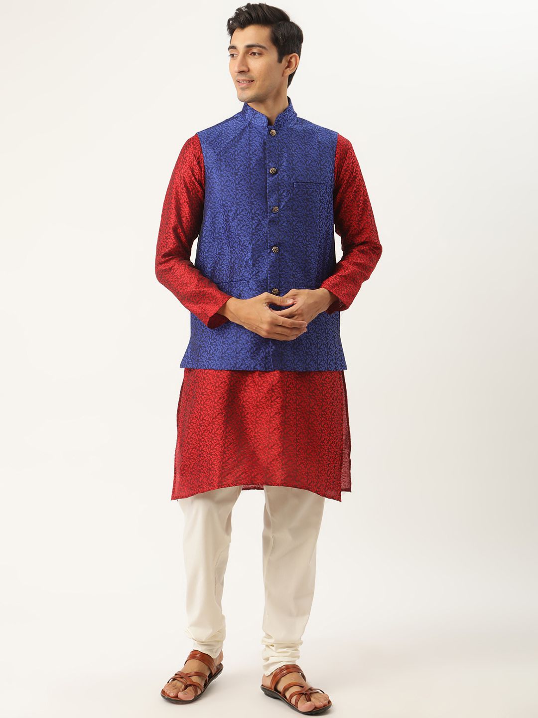 SOJANYA Men Maroon Jacquard Silk Kurta with Churidar & Nehru Jacket