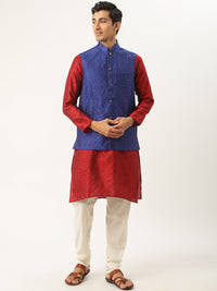 SOJANYA Men Maroon Jacquard Silk Kurta with Churidar & Nehru Jacket