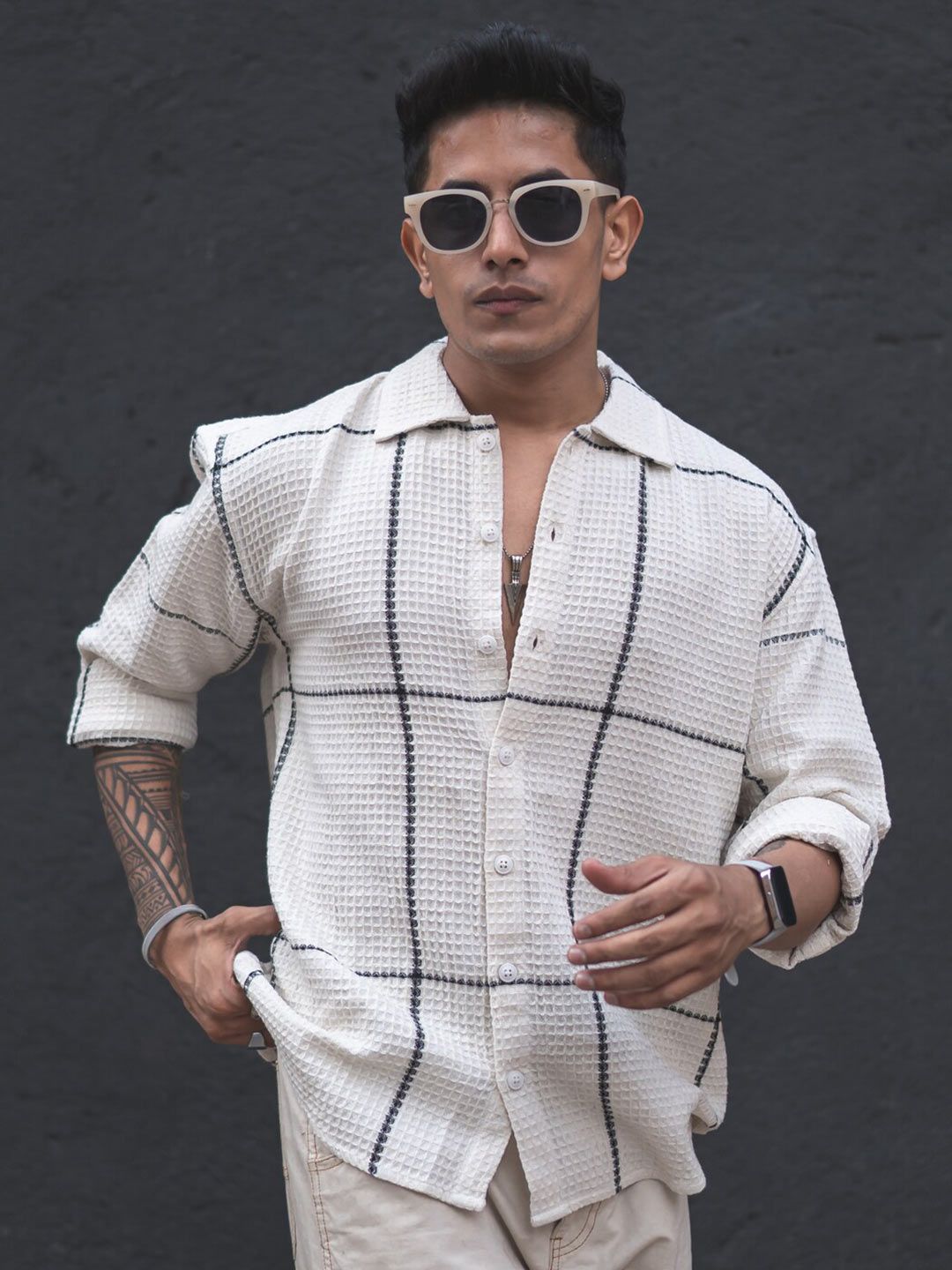 Powerlook Off White India Slim Oversized Checked Shackets