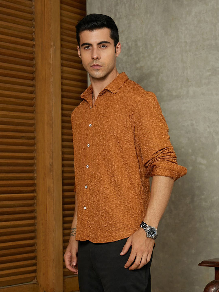 Campus Sutra Self Design Spread Collar Long Sleeves Cotton Comfort Shirt