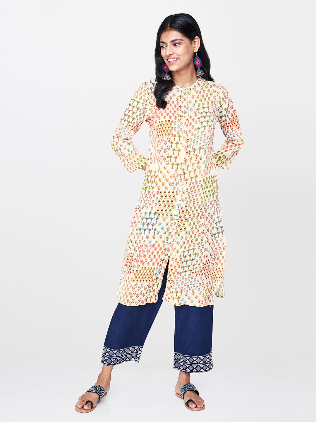 Global Desi Women Off-White & Orange Printed A-Line Kurta