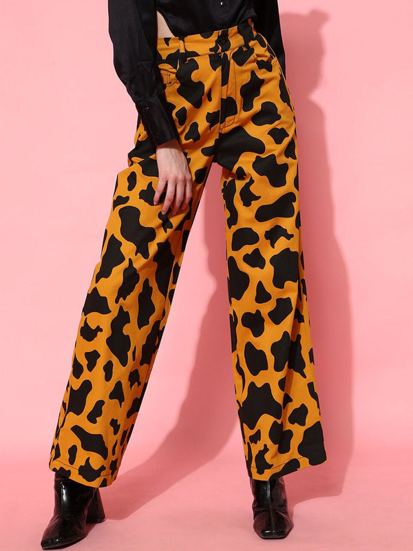 STREET 9 Women Stylish Mustard Animal Printed Trousers