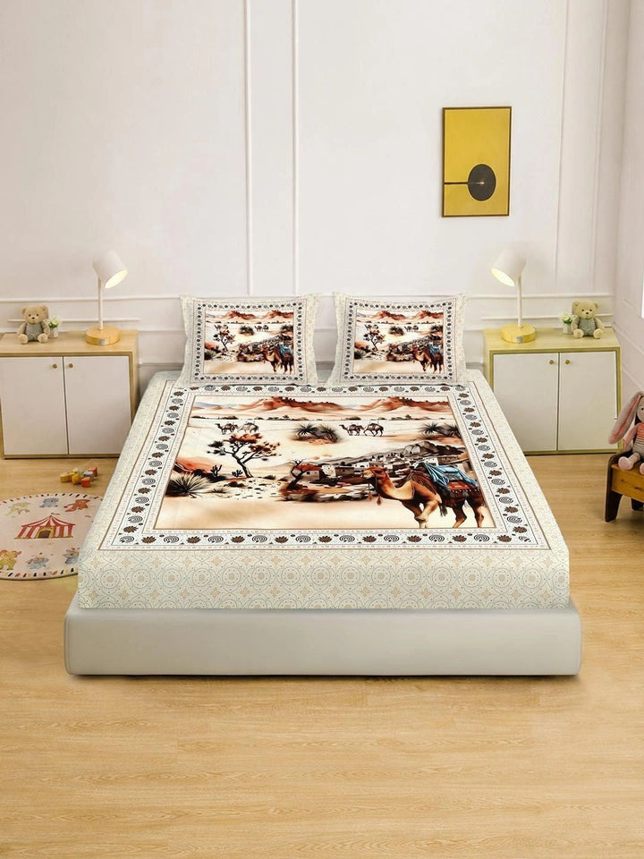 KLOTTHE Cream-Coloured Conversational 400 TC Bedsheet with 2 Pillow Covers