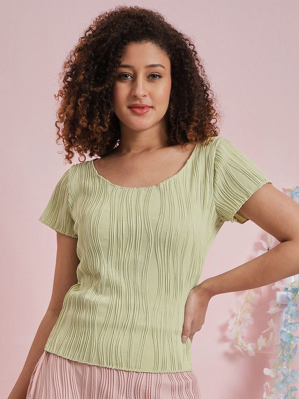 Athena bulat leher pendek lengan pendek bertekstur