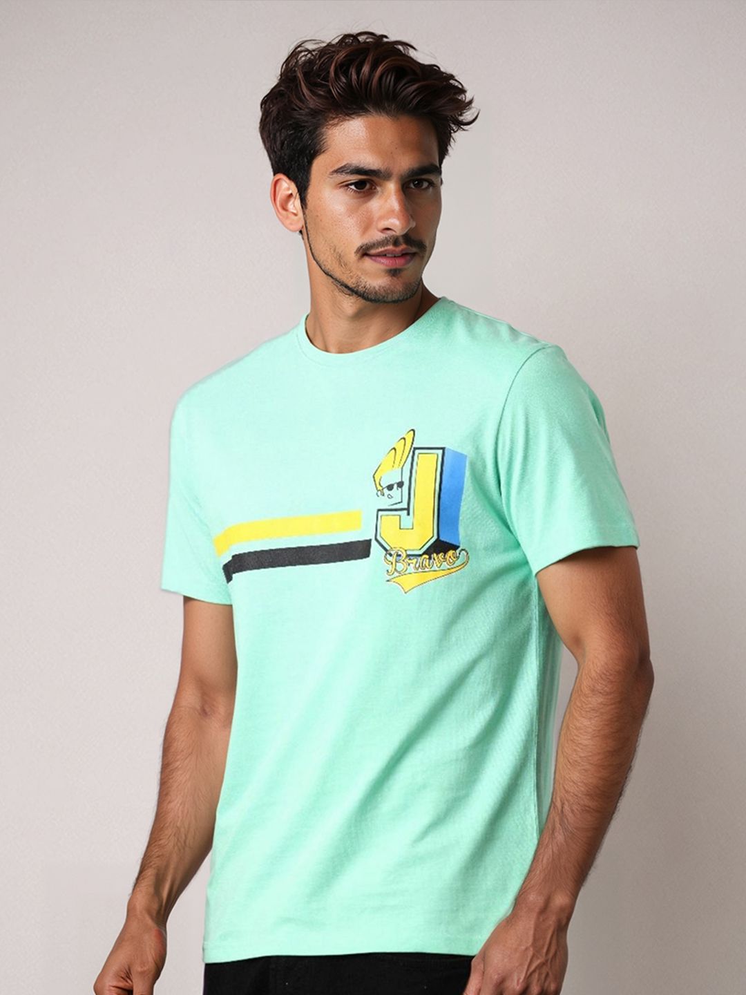 The Indian Garage Co Men Johnny Bravo Striped Round Neck Cotton Slim Fit T-shirt