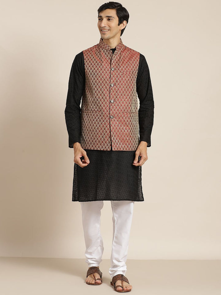 SOJANYA Lelaki Black Chikankari Pure Cotton Kurta with Churidar & Nehru Jacket