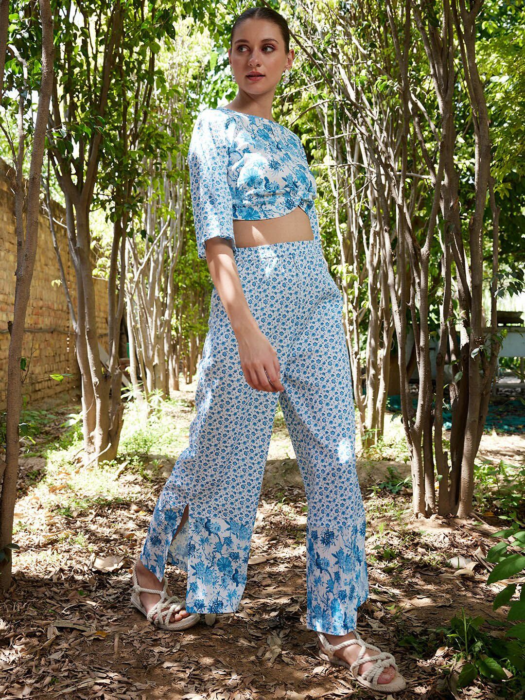 STREET 9 Floral Printed Boat Neck Crop Top with Flared Palazzos Co-Ords