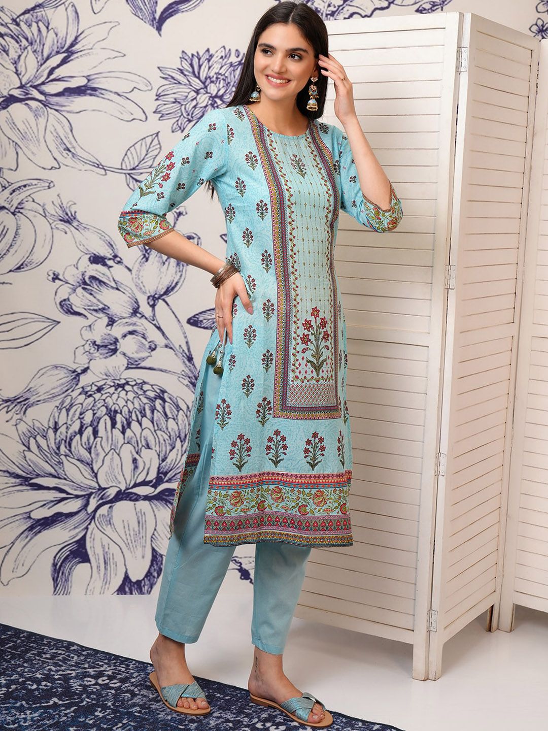 Vishudh Floral Printed Regular Pure Cotton Straight Kurta with Trousers & Dupatta