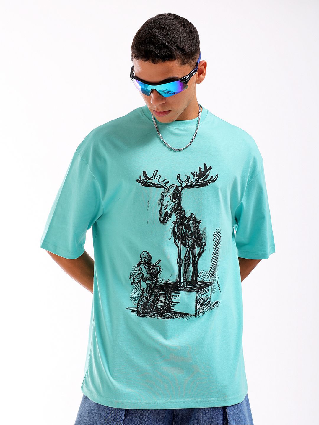 The Indian Garage Co Men Pure Cotton Graphic Printed Oversized Round Neck T-shirt