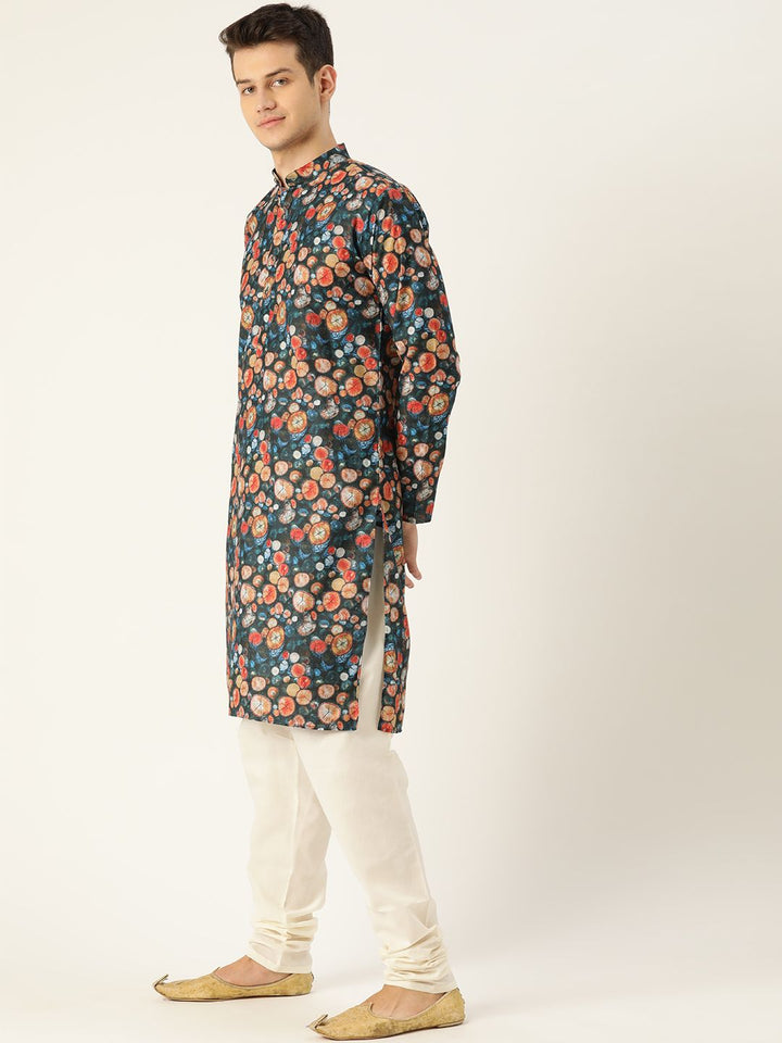 SOJANYA Men Teal Blue & Rust Orange Geometric Printed Straight Kurta