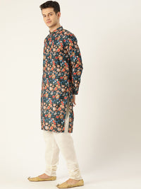 SOJANYA Men Teal Blue & Rust Orange Geometric Printed Straight Kurta