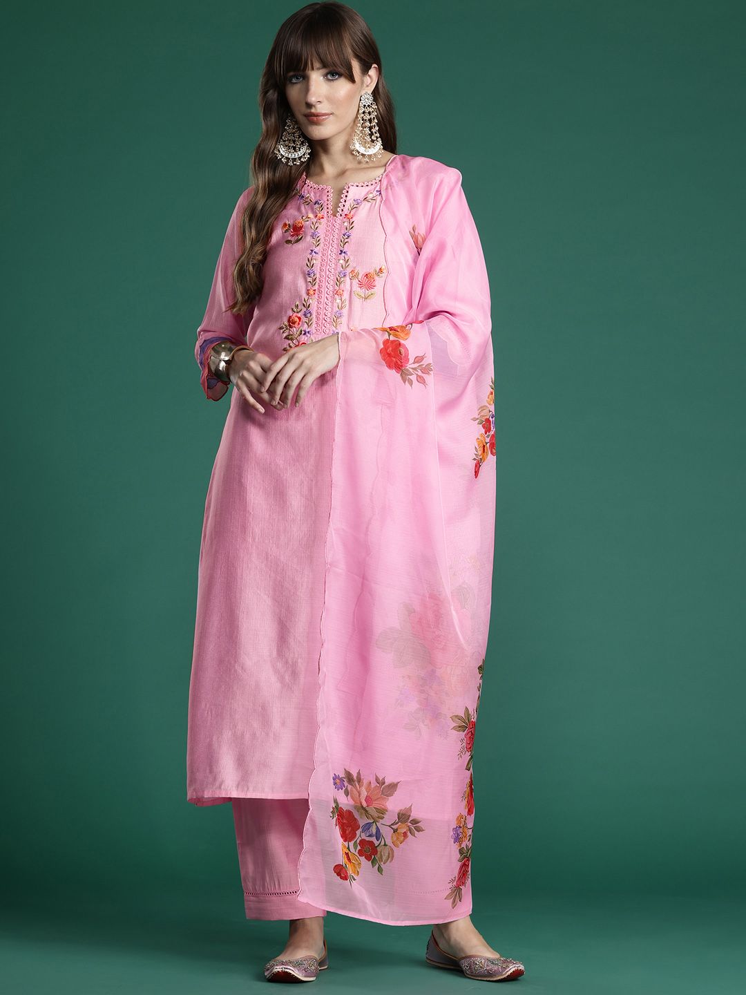 Indo Era Floral Embroidered Thread Work Kurta with Trousers & With Dupatta