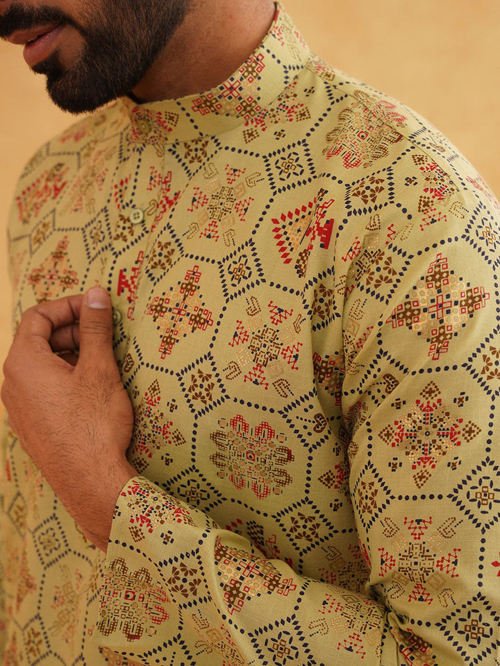 SOJANYA Men Cotton Linen Geometric Printed Straight Kurta