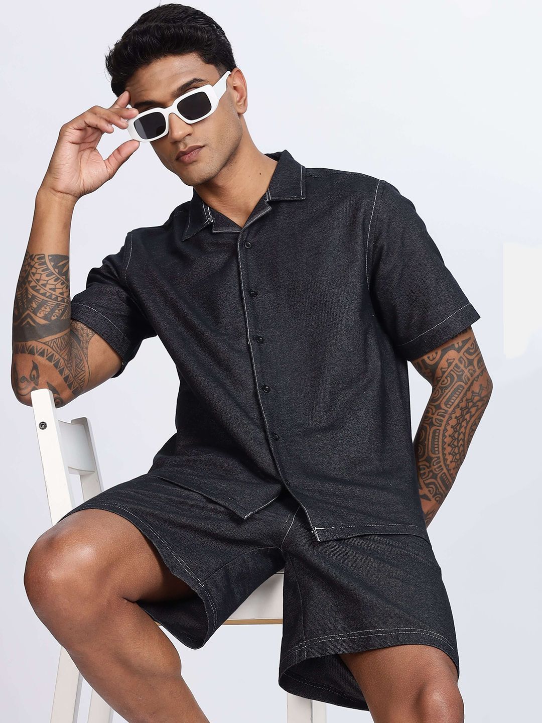 Eszett Black Textured Spread Collar Pure Cotton Shirt With Shorts Co-Ord Set