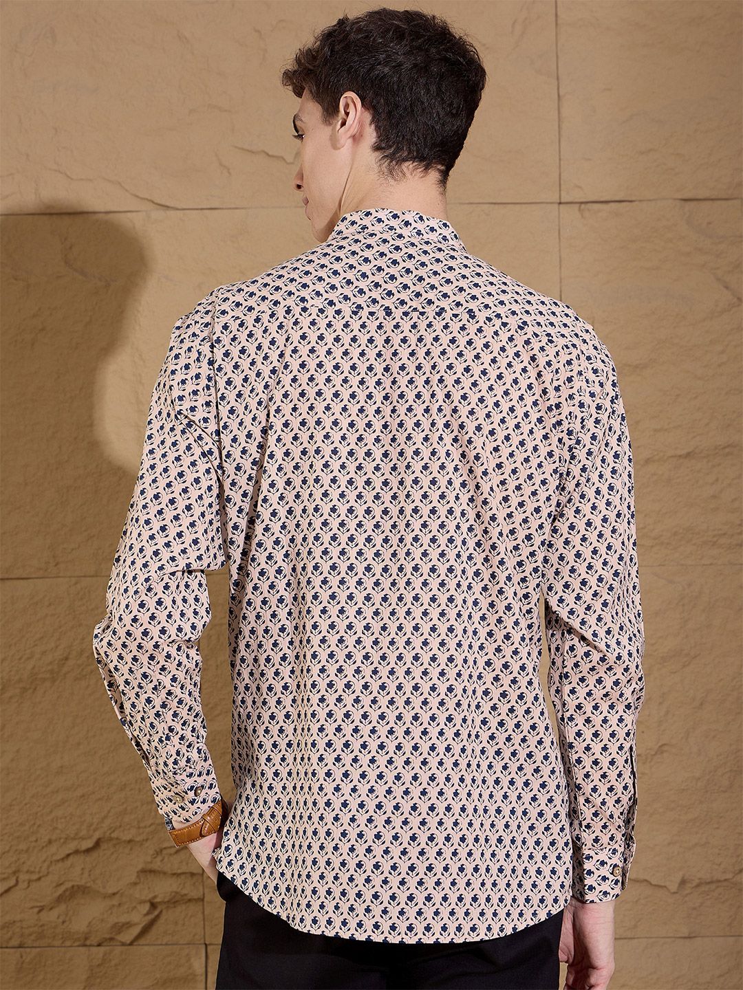 DENNISON Floral Printed Pure Cotton Band Collar Straight Kurta