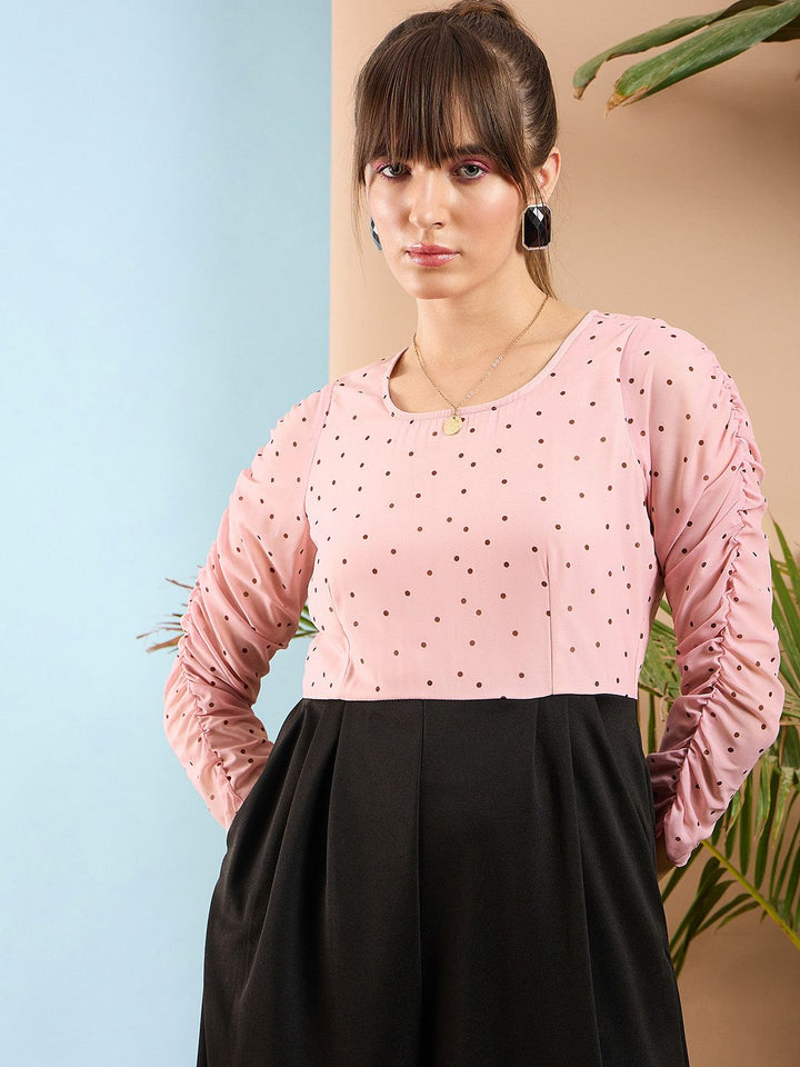 SASSAFRAS Peach-Coloured and Black Colourblocked Smocked Jumpsuit