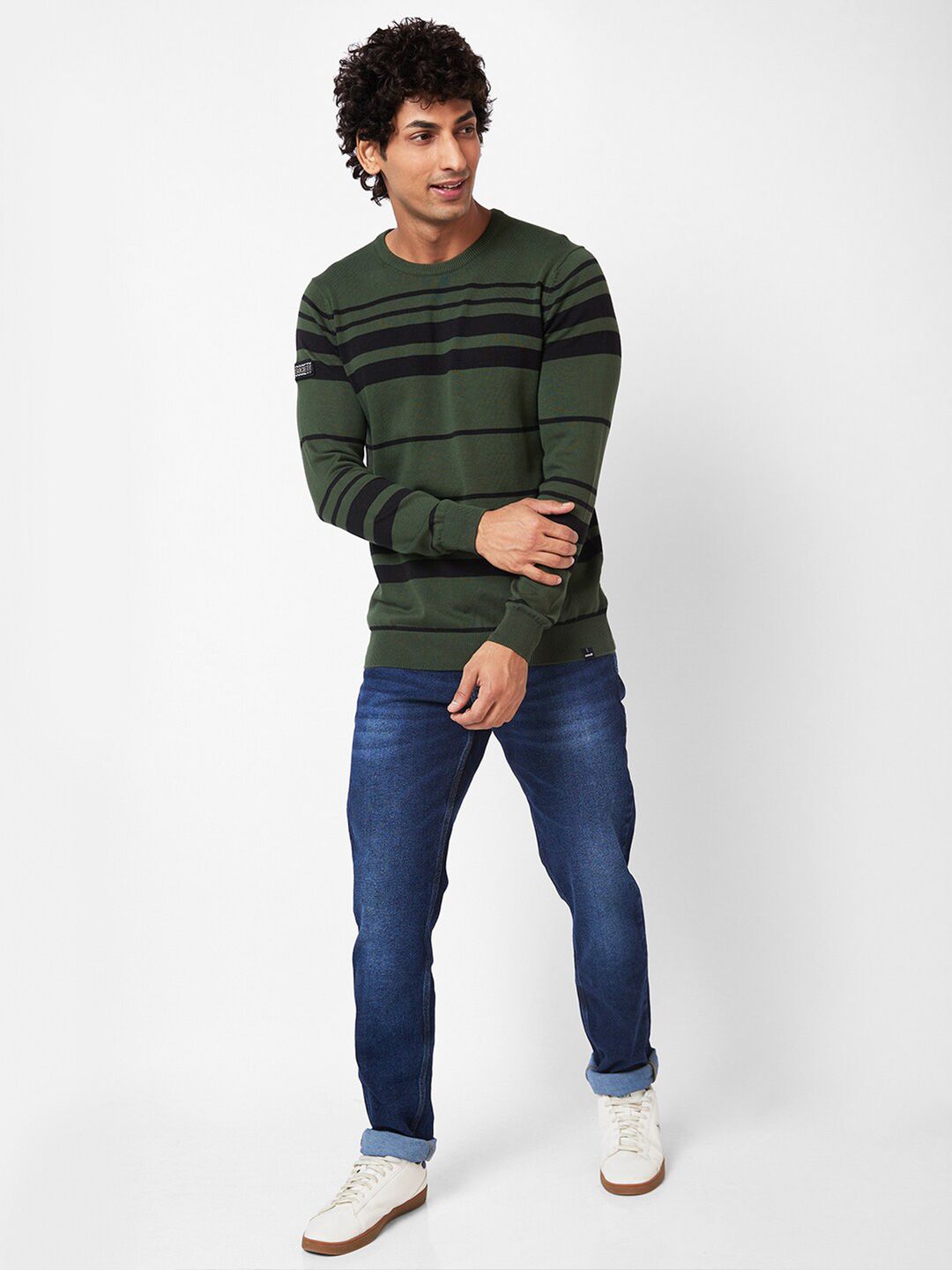SPYKAR Striped Ribbed Cotton Pullover Sweater
