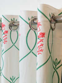 URBAN SPACE White & Green 2 Pieces Floral Cotton Window Curtains