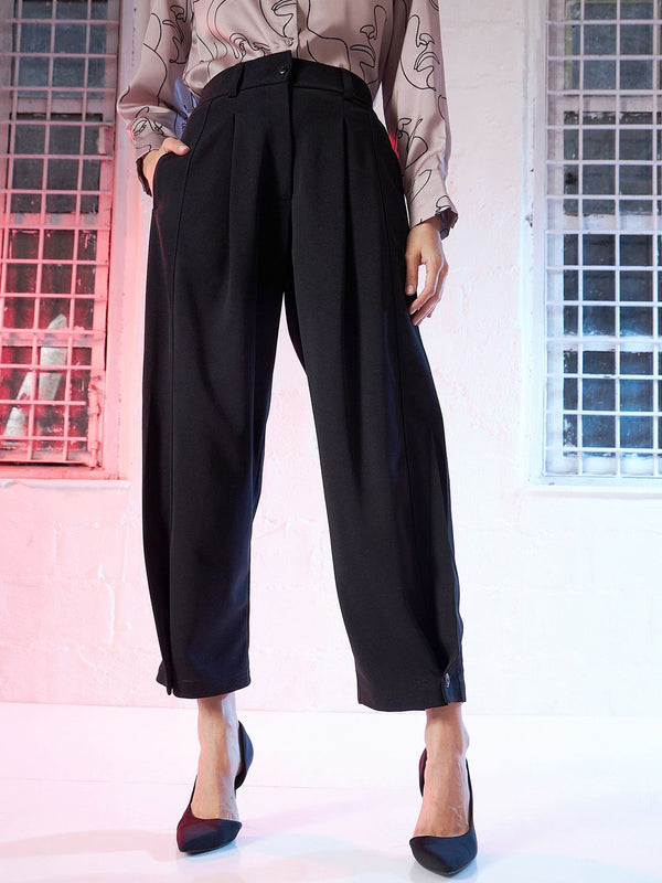 SASSAFRAS Women Black Mid-Rise Pleated Parallel Trousers