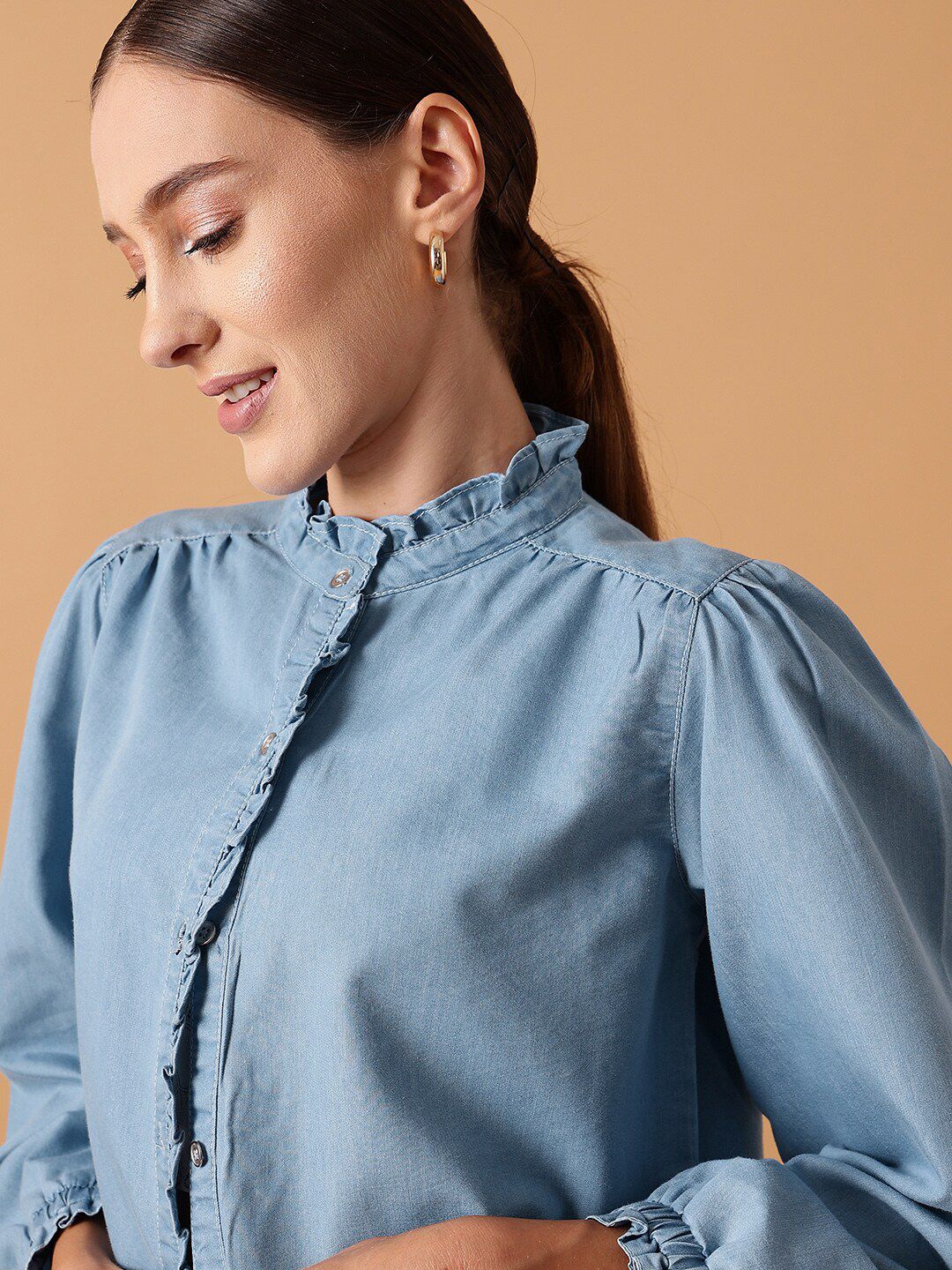 STREET 9 Comfort Denim Cotton Puff Sleeves Casual Shirt