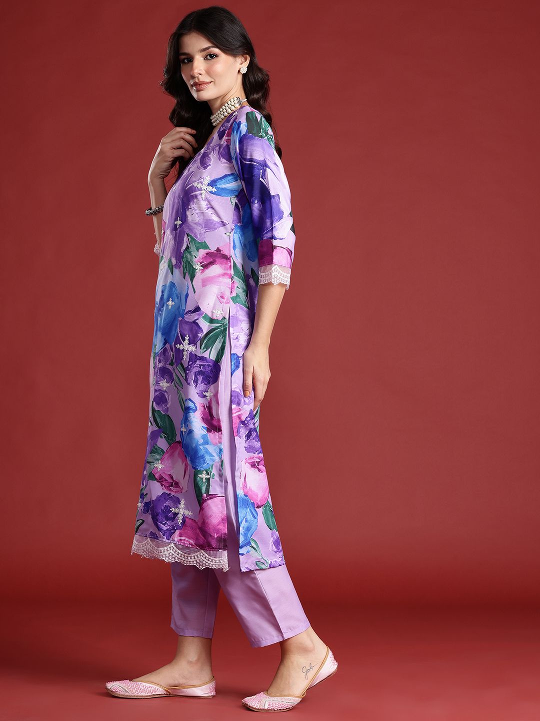 Indo Era Floral Printed Thread Work Kurta with Trousers & Dupatta