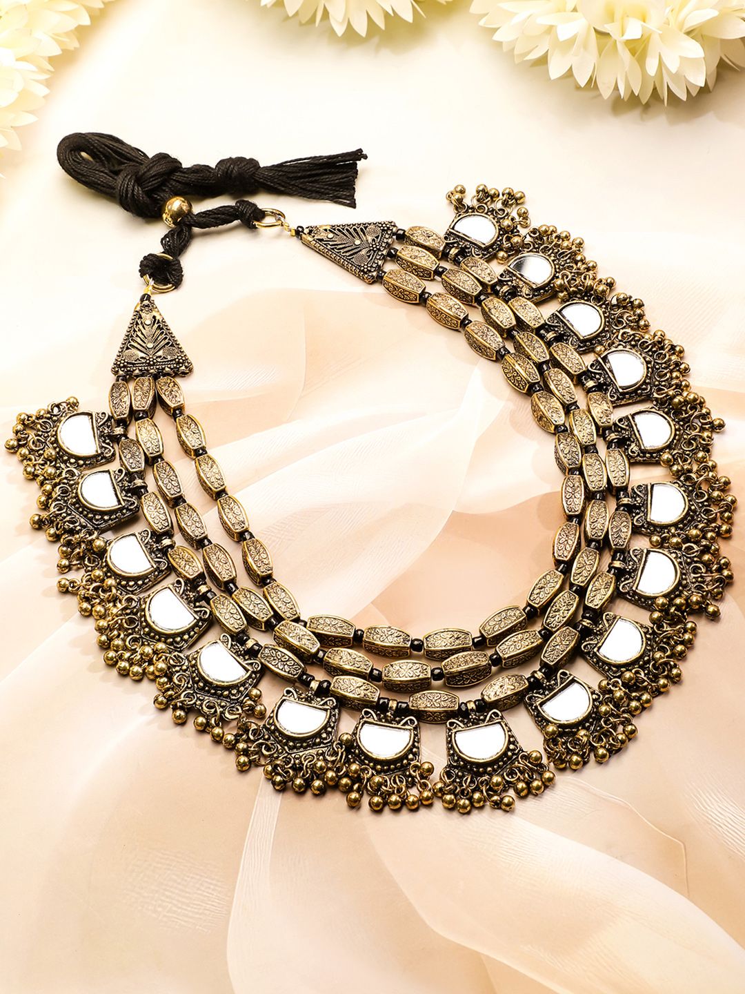 Rubans Dual Tone in Silver and Gold, Mirror Detailing with Gold Beads Multilayer Necklace