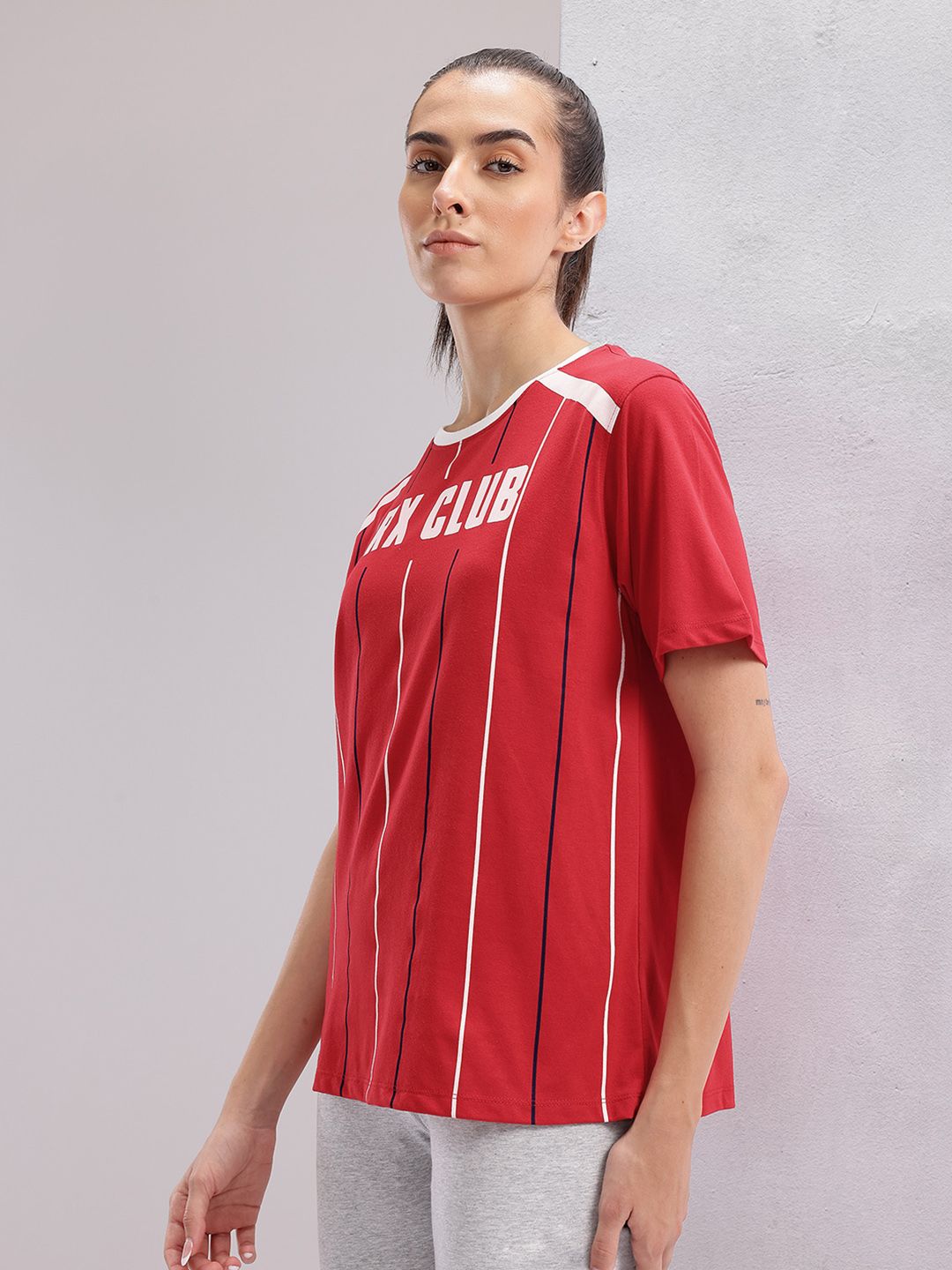 HRX by Hrithik Roshan Women Brand Logo Printed Striped T-shirt