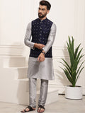 SOJANYA Men Grey & Black Self-Design Kurta with Churidar & Nehru Jacket