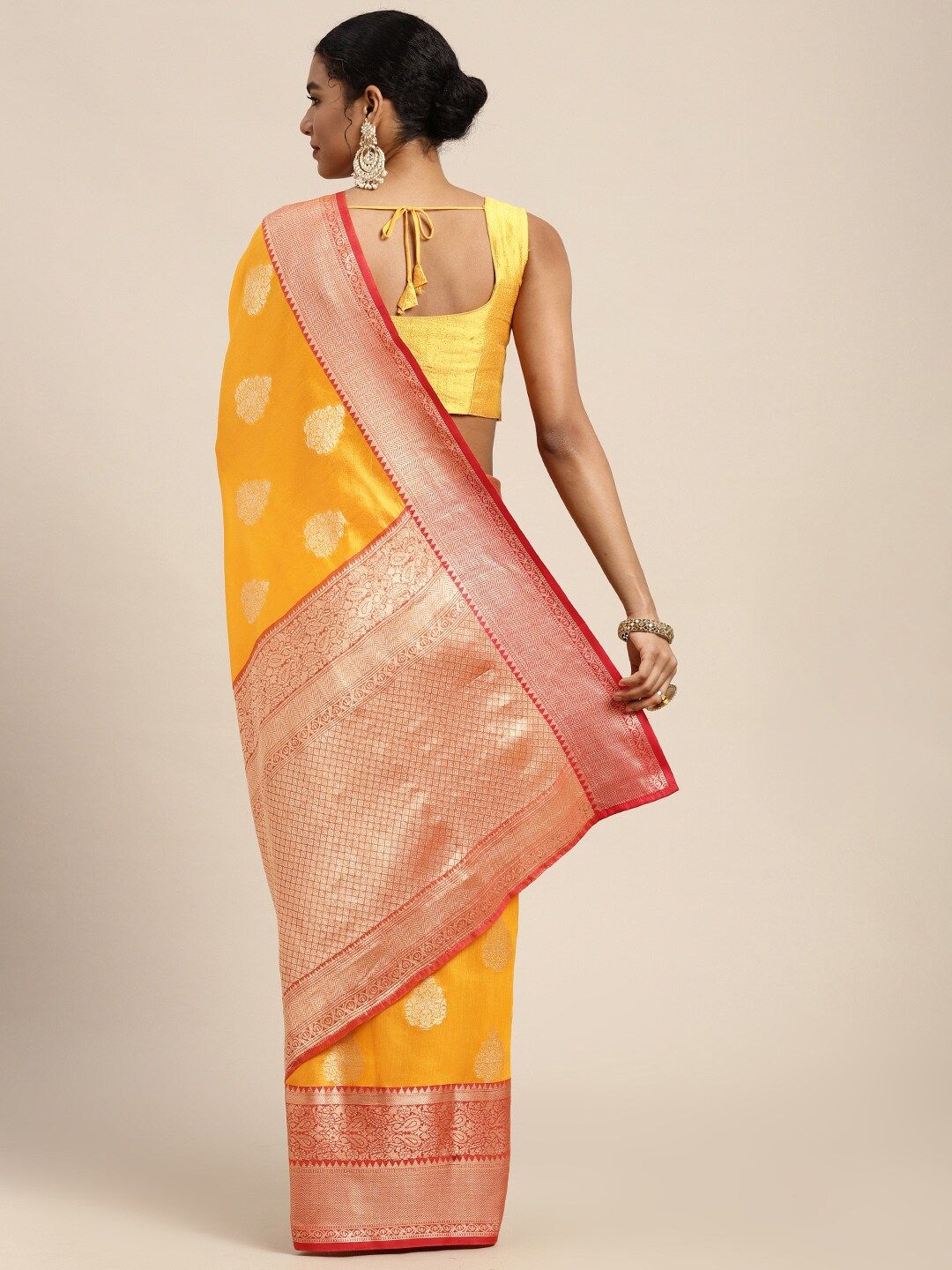 Silk Land Yellow & Golden Ethnic Motifs Zari Banarasi Saree
