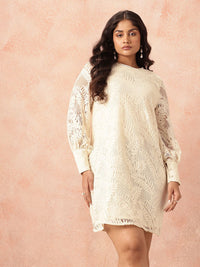 all about you Plus Size Tropical Self-Design Cuffed Sleeves Sheath Dress with Lace Inserts